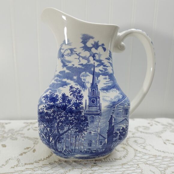 Vintage Liberty Blue Old North Church Pitcher Historic Colonial Scenes England